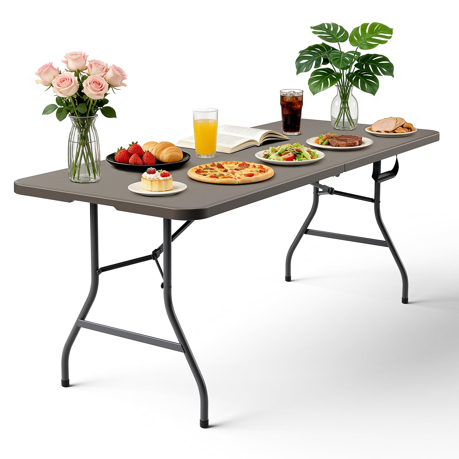 Folding Table 4ft - Heavy Duty Fold-in-Half Plastic Table with Adjustable Height, Portable Utility Tables with Steel Legs for Indoor, Outdoor, Picnic, Camping, Dining, Party (White)