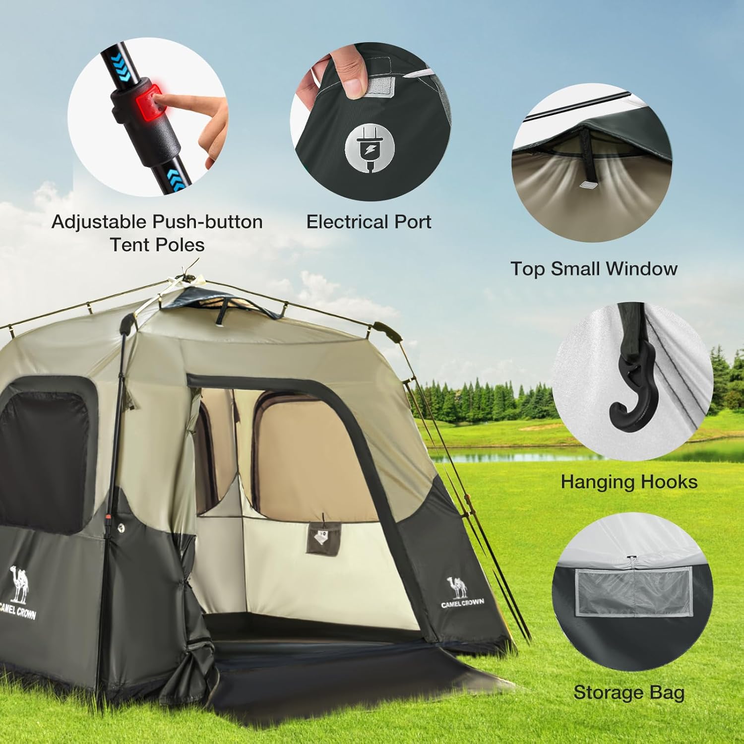 CAMEL CROWN Instant Tents for Camping 4-6 Person Tent Waterproof Easy Setup Sets Up in 60 Seconds Backpacking Tents with Carry Bag for Outdoor Hiking