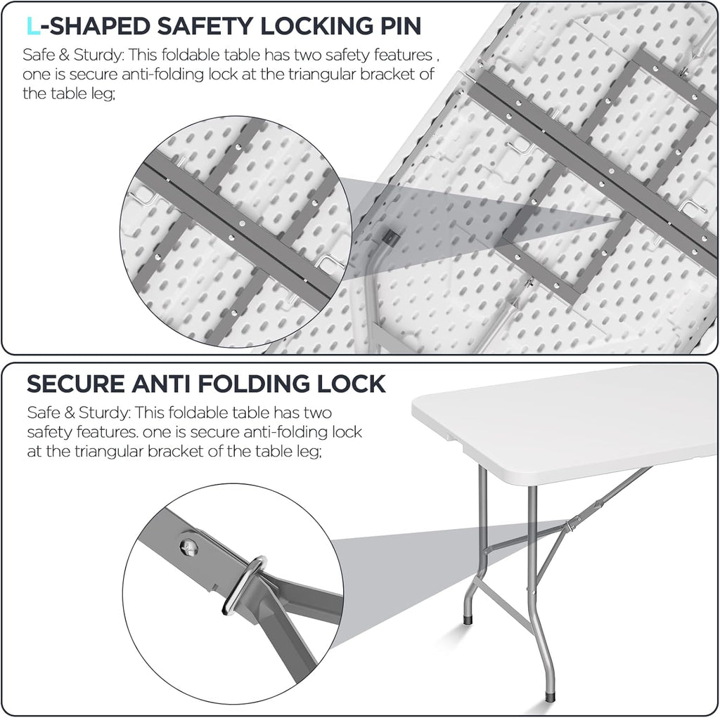 HLPB Folding Table Picnic Table, 8 ft Portable Camping Table with Handle and Safety Locks, Foldable Table Plastic Dining Table Indoor Outdoor for Camping, Picnic and Party
