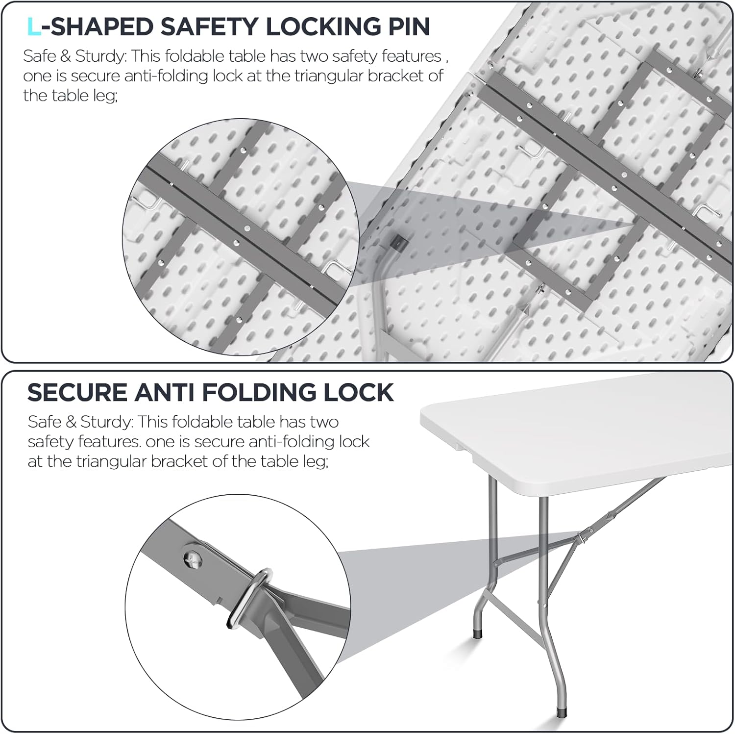 HLPB Folding Table Picnic Table, 8 ft Portable Camping Table with Handle and Safety Locks, Foldable Table Plastic Dining Table Indoor Outdoor for Camping, Picnic and Party