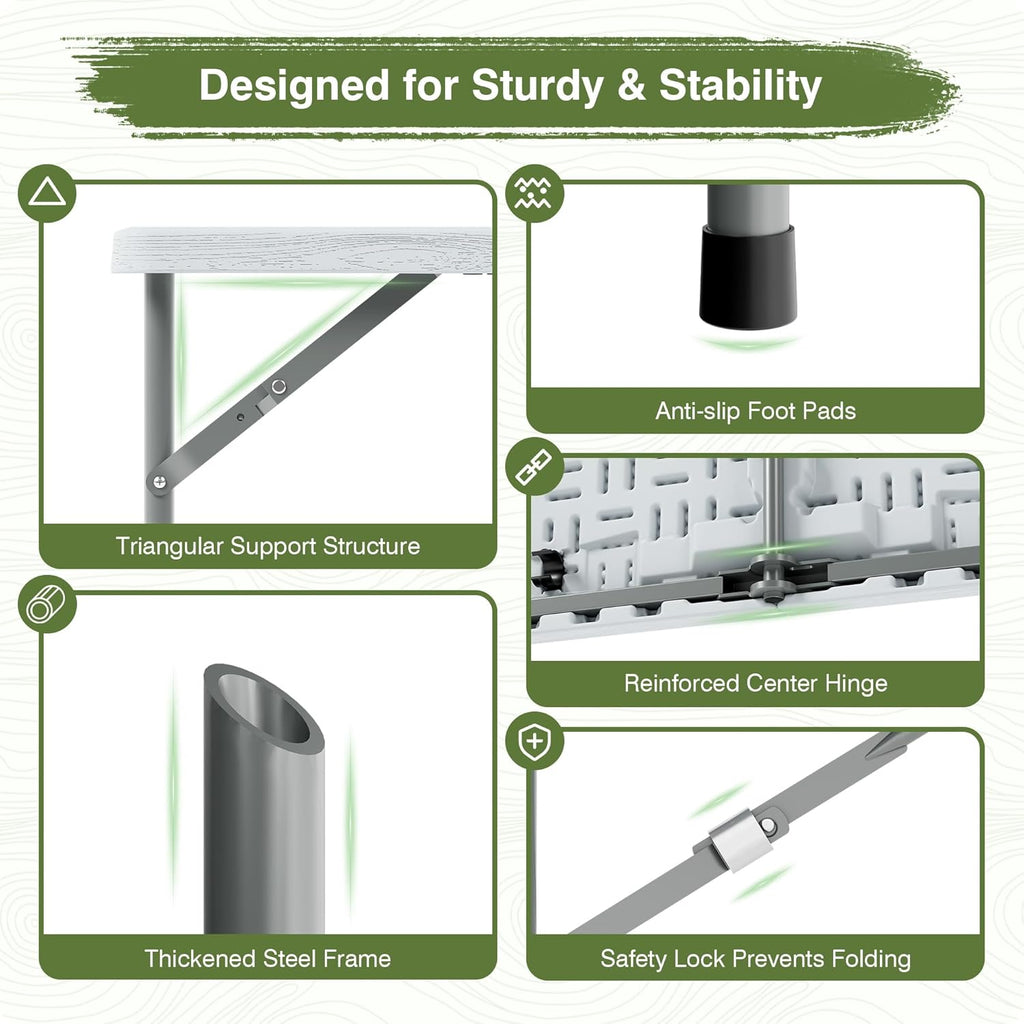 Picnic Table Set with 2 Benches,6 Feet Folding Camping Table Chair Set with Wood Grain Tabletop,3-Piece Outdoor Indoor Portable Folding Furniture for Party, Camping, Picnic, Weddings (White)