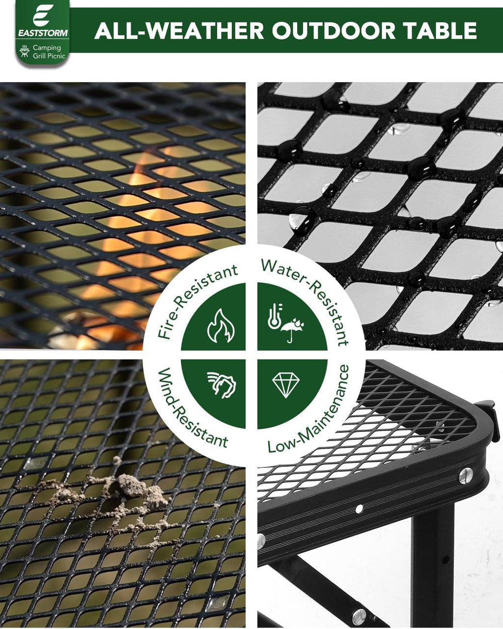 2Ft Small Folding Table with Carry Handle, Camping Table Adjustable Height 10.6–22 in, Black Metal Mesh, Portable & Compact for Outdoor/Indoor,Grill Table, 23.6×15.8 in, 4 lb, 66 lb Capacity