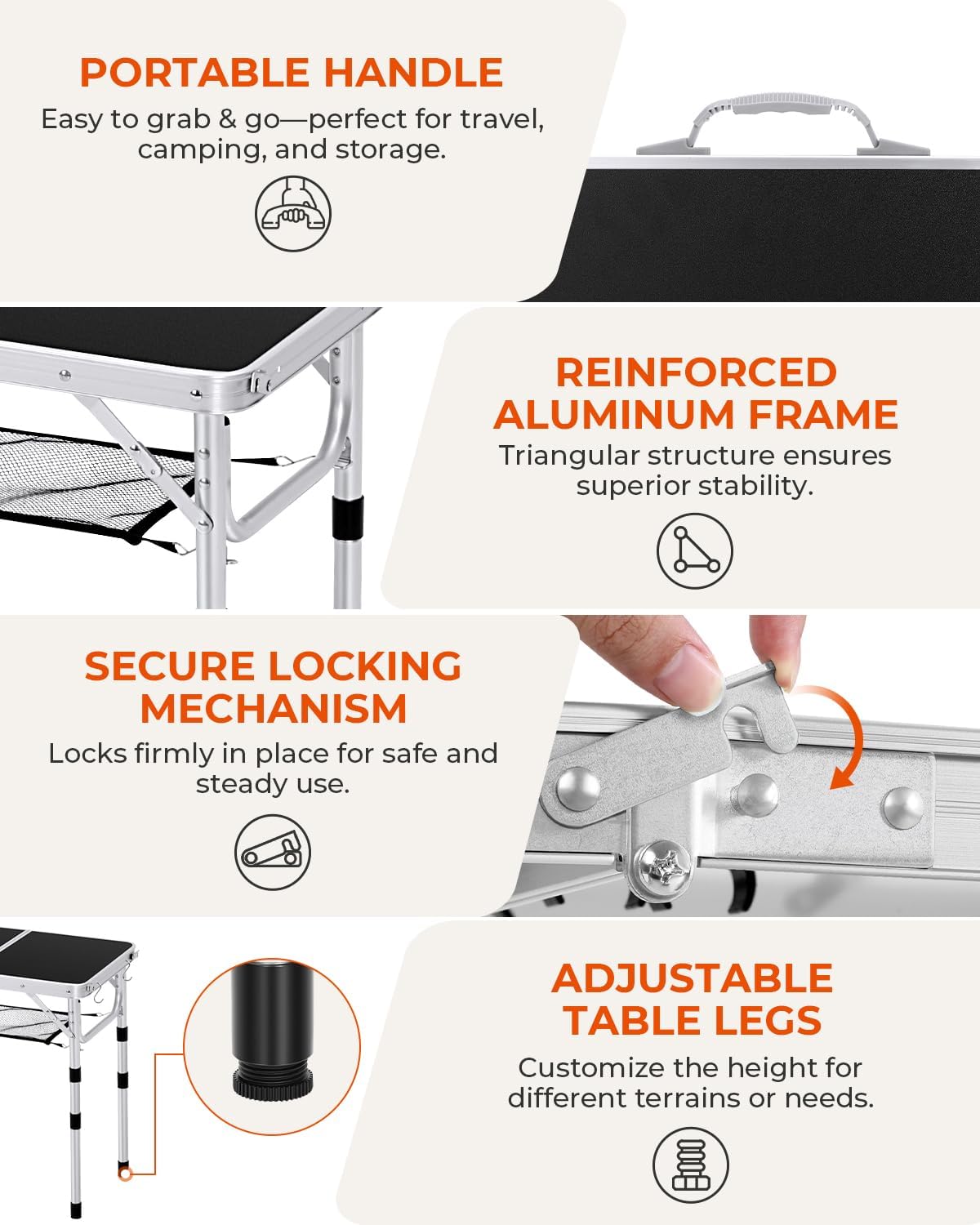 Sportneer Camping Table: Adjustable Height Small Folding Table 23.6" L x 15.7" W 4 Height with Mesh Layer - Compact & Portable Camping Essentials for Outdoor Camp Garden Picnic BBQ Dining Cooking