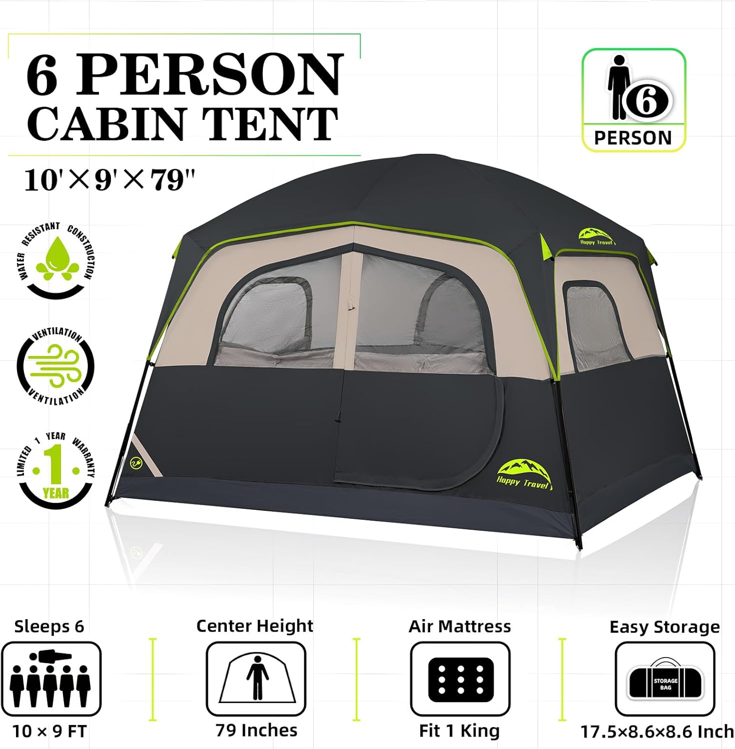 Happy Travel Tent 6 Person Tents for Camping, Waterproof Easy Setup Camping Tent with Rainfly, Portable Large Family Cabin Tent with 5 Large Mesh Windows and Carry Bag for Outdoor Camping & Hiking