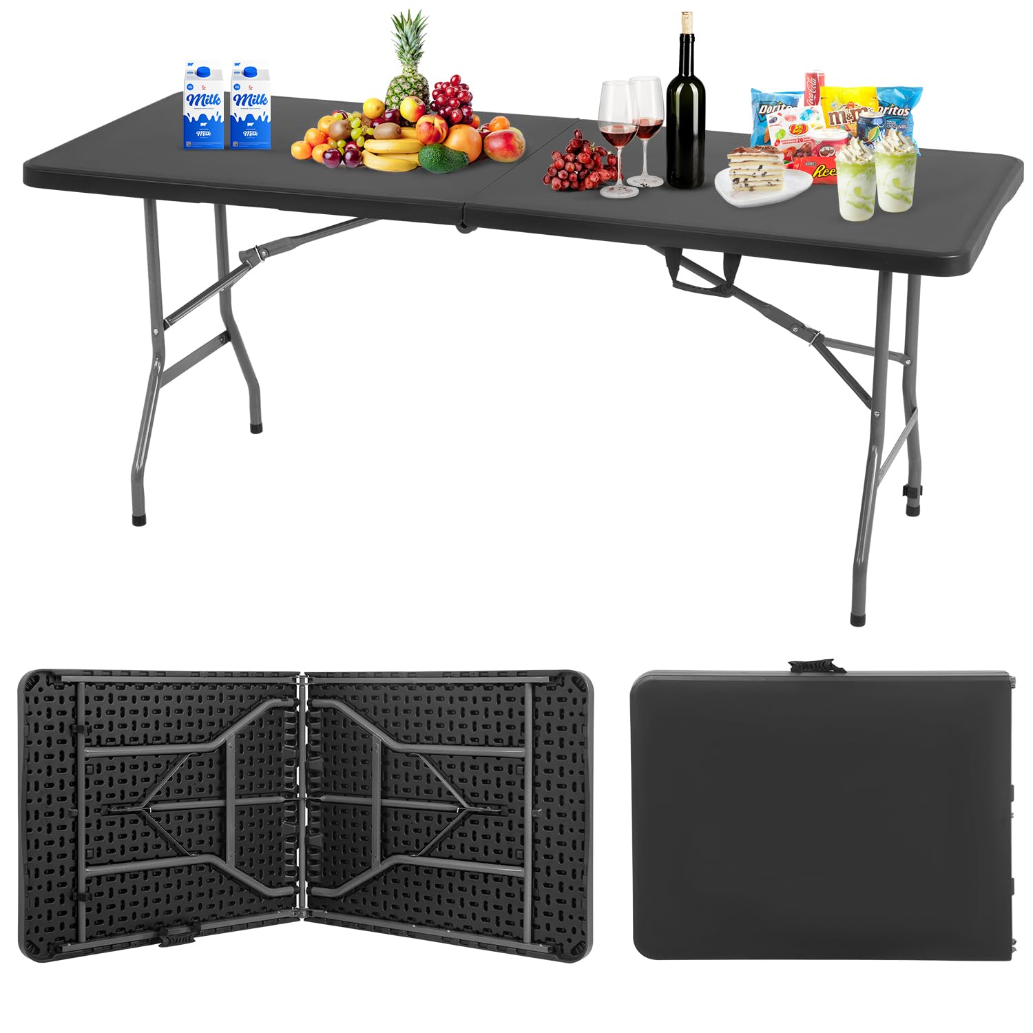 BestOffice Outdoor 6 FT Folding Camping Table Plastic Table Portable Square Height Dining Table Perfect for Picnics, Parties, Party and Camping, Black