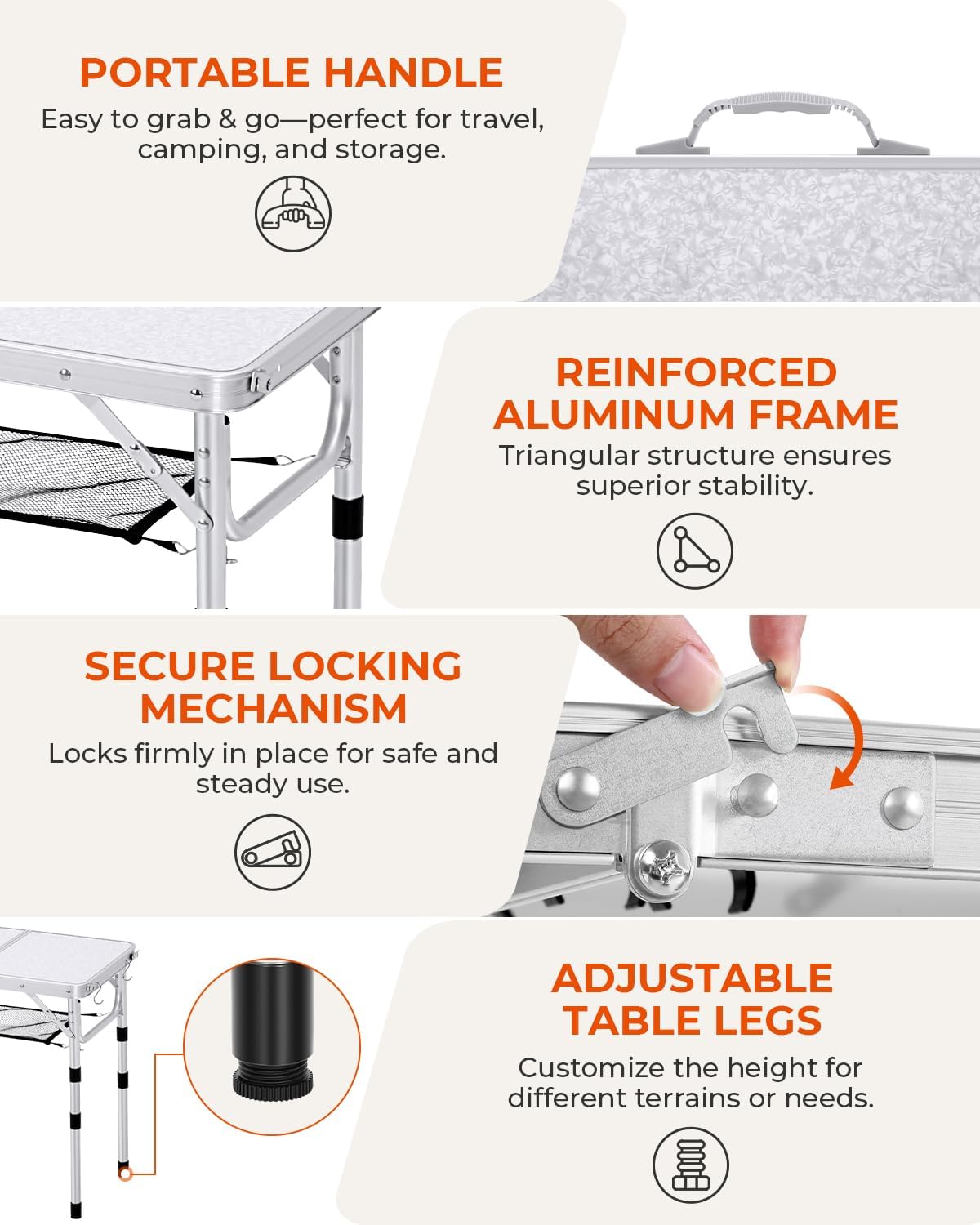 Sportneer Camping Table: Adjustable Height Small Folding Table 23.6" L x 15.7" W 4 Height with Mesh Layer - Compact & Portable Camping Essentials for Outdoor Camp Garden Picnic BBQ Dining Cooking