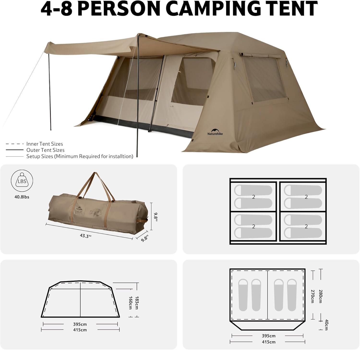 Naturehike Village Lite Camping Tent, 60S Easy Setup Instant Tents for Camping, Double Layer 4/8 Person Tent with with Full Rainfly
