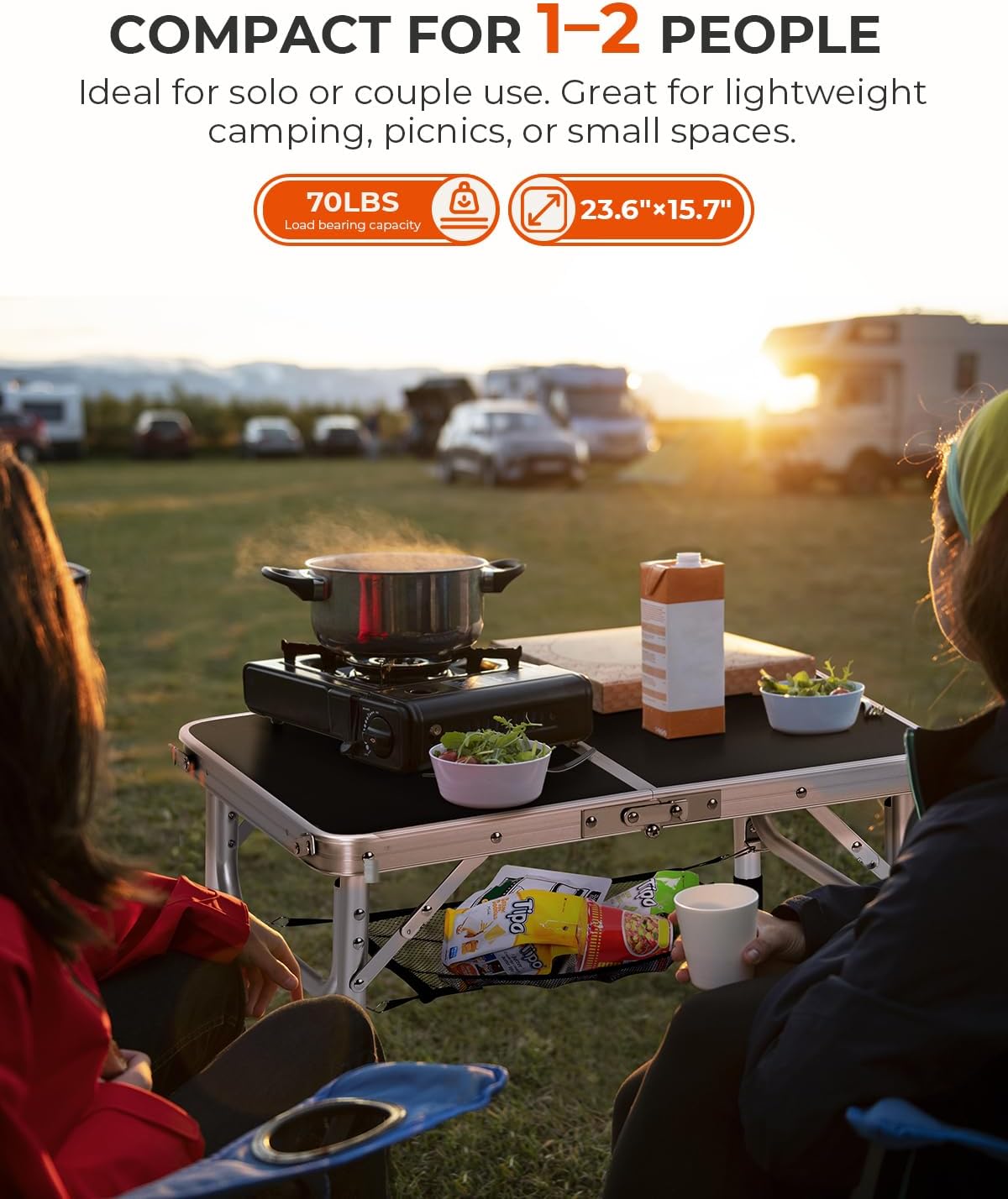 Sportneer Camping Table: Adjustable Height Small Folding Table 23.6" L x 15.7" W 4 Height with Mesh Layer - Compact & Portable Camping Essentials for Outdoor Camp Garden Picnic BBQ Dining Cooking