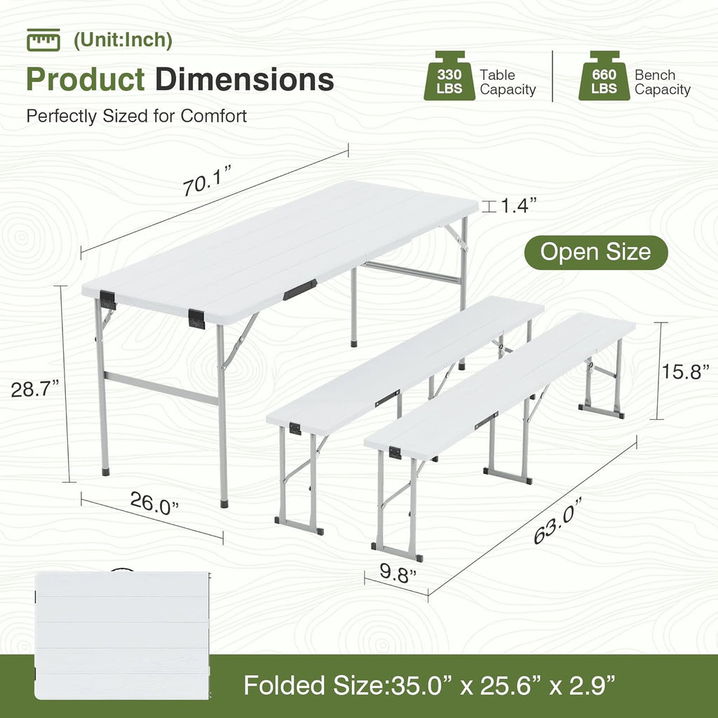 Picnic Table Set with 2 Benches,6 Feet Folding Camping Table Chair Set with Wood Grain Tabletop,3-Piece Outdoor Indoor Portable Folding Furniture for Party, Camping, Picnic, Weddings (White)