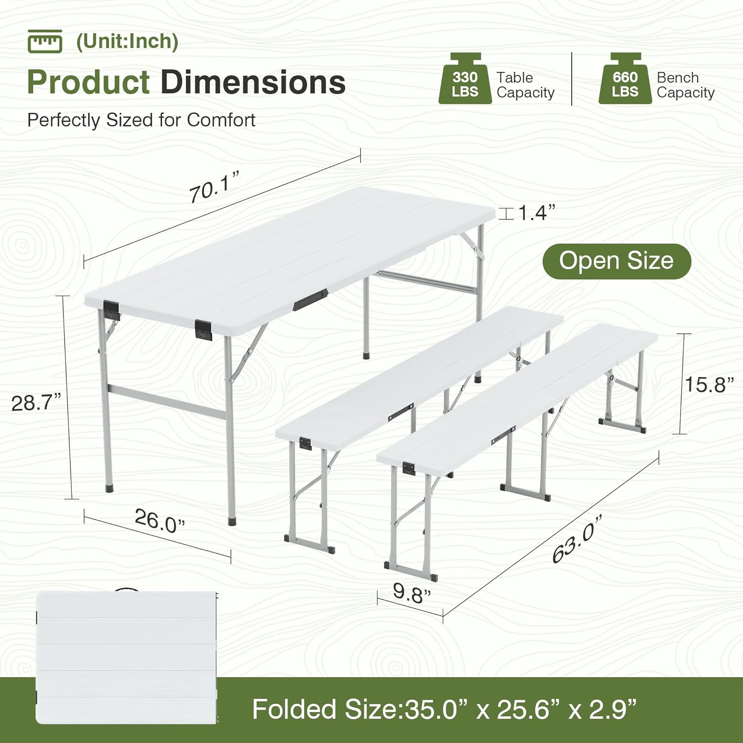 Picnic Table Set with 2 Benches,6 Feet Folding Camping Table Chair Set with Wood Grain Tabletop,3-Piece Outdoor Indoor Portable Folding Furniture for Party, Camping, Picnic, Weddings (White)