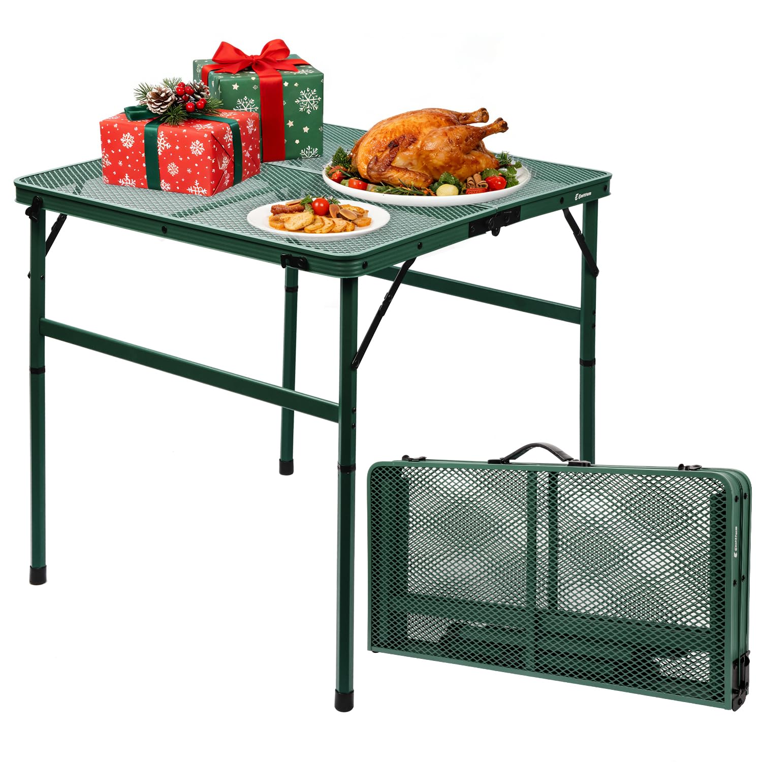 2Ft Small Folding Table with Carry Handle, Camping Table Adjustable Height 10.6–22 in, Black Metal Mesh, Portable & Compact for Outdoor/Indoor,Grill Table, 23.6×15.8 in, 4 lb, 66 lb Capacity