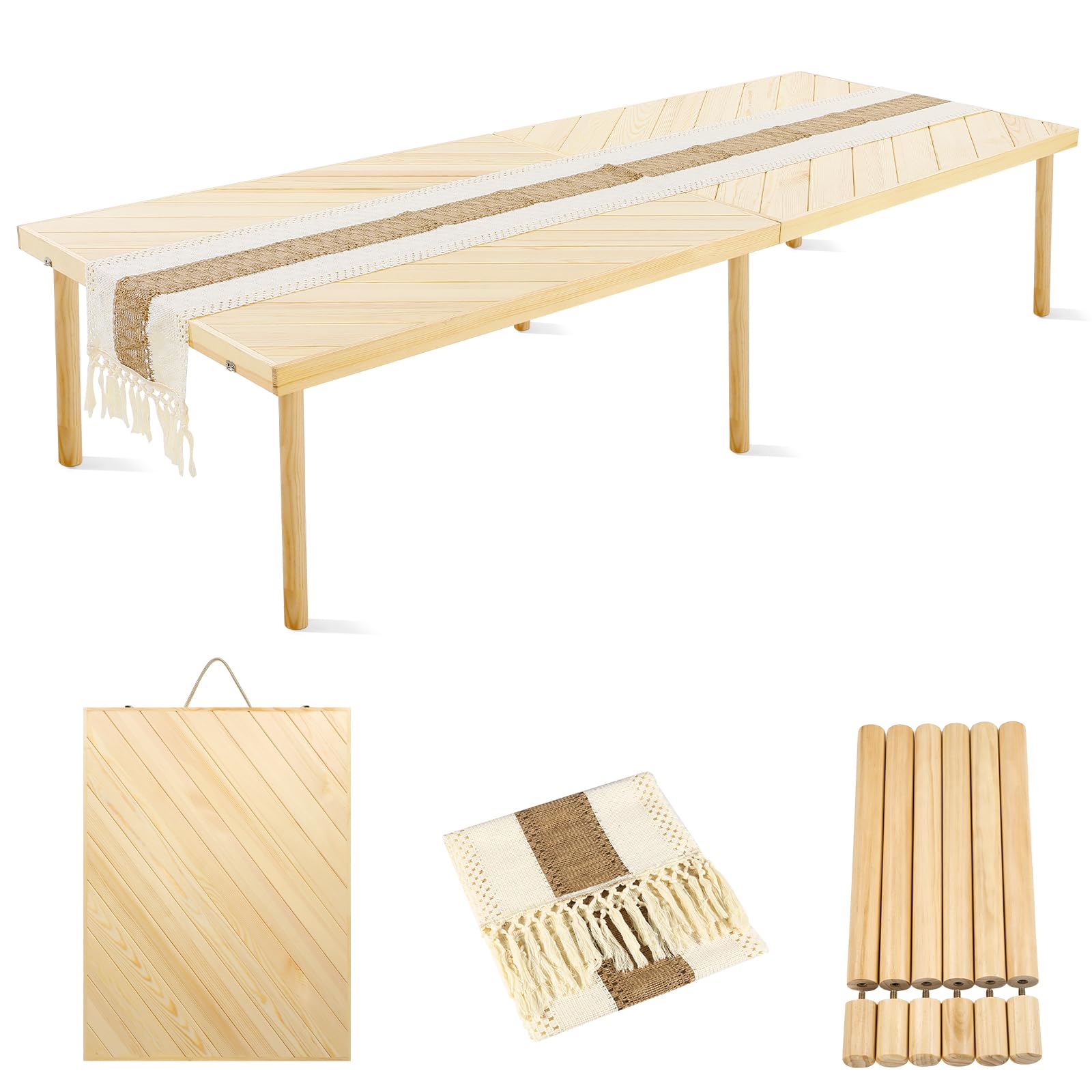 Folding Picnic Table with Table Runner, Portable Boho Low Picnic Table for Indoor Outdoor, 60" x 30" Wooden Table with Adjustable Heights for Camping, Wedding, Beach, Garden, Party(Large Size for 6)