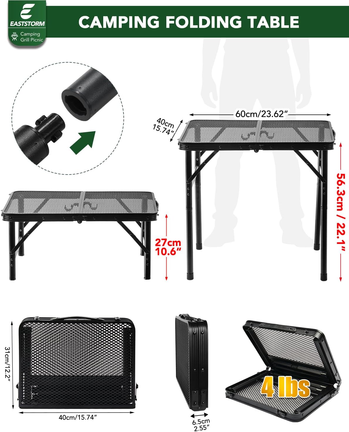 2Ft Small Folding Table with Carry Handle, Camping Table Adjustable Height 10.6–22 in, Black Metal Mesh, Portable & Compact for Outdoor/Indoor,Grill Table, 23.6×15.8 in, 4 lb, 66 lb Capacity