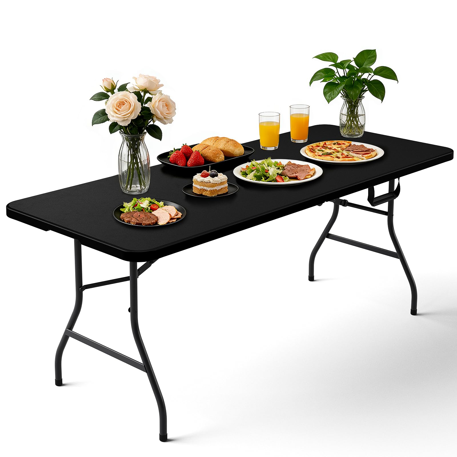 Folding Table 4ft - Heavy Duty Fold-in-Half Plastic Table with Adjustable Height, Portable Utility Tables with Steel Legs for Indoor, Outdoor, Picnic, Camping, Dining, Party (White)