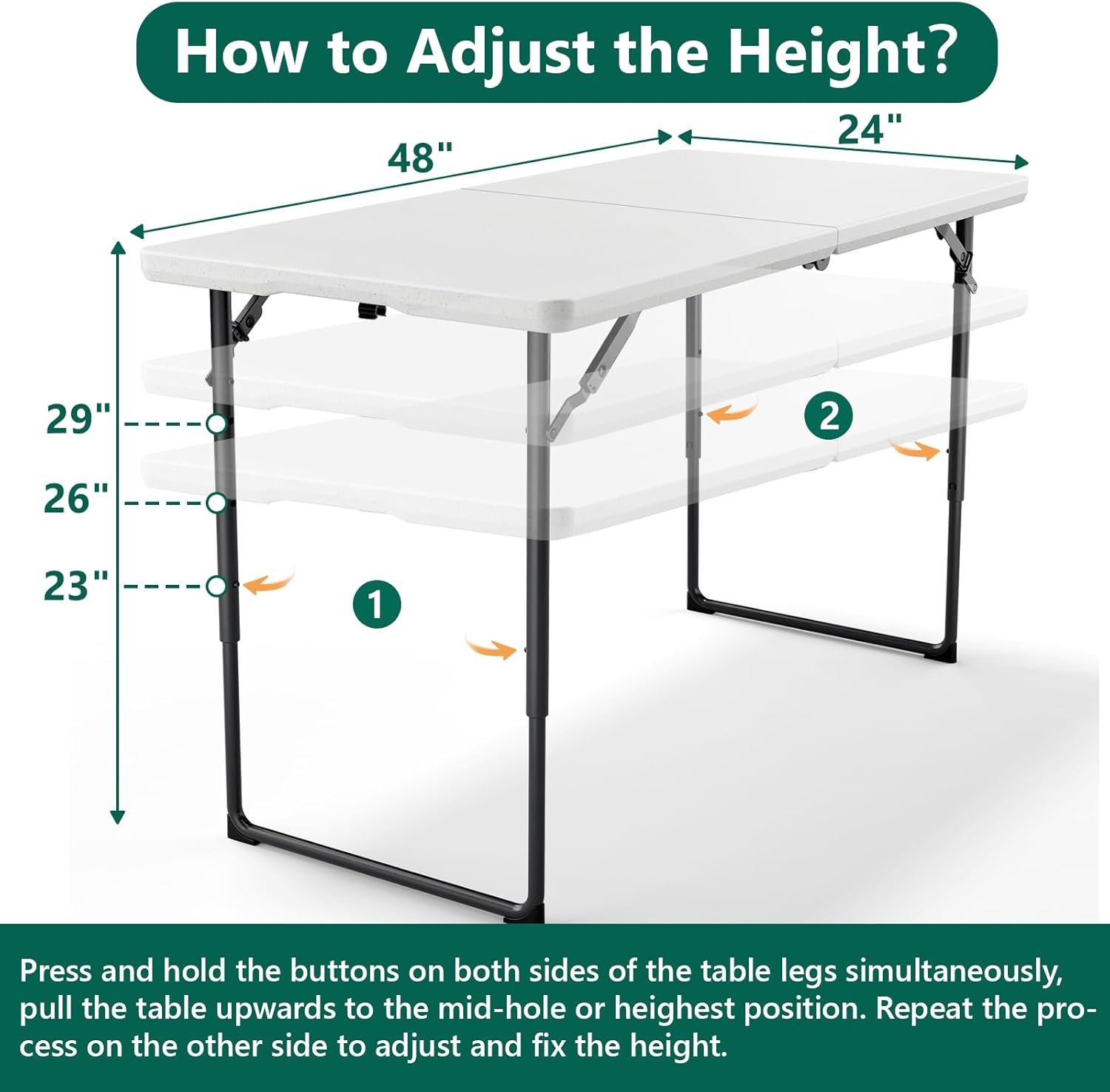 Folding Table 4ft - Heavy Duty Fold-in-Half Plastic Table with Adjustable Height, Portable Utility Tables with Steel Legs for Indoor, Outdoor, Picnic, Camping, Dining, Party (White)