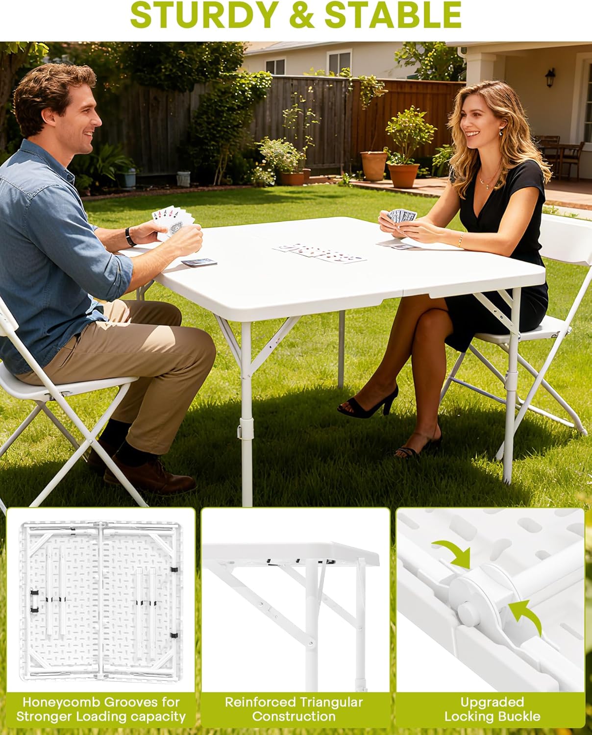 34" Square Folding Table with Built in Handle & Steel Legs, Heavy Duty Portable Card Table, Foldable Tables Perfect for Party, Dining, Wedding, Events, Picnic Indoor, Outdoor, Camping, Utility