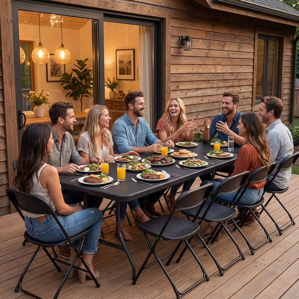 8FT Folding Table, Heavy Duty Plastic Fold-in-Half Utility Table with Handle, Portable Camping Picnic Table with Steel Legs for Indoor Outdoor Party, Dining, BrownBlack