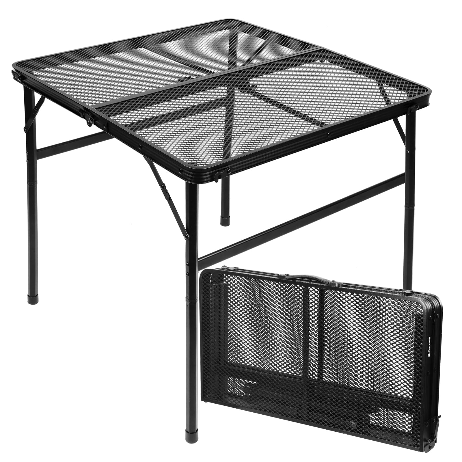 2Ft Small Folding Table with Carry Handle, Camping Table Adjustable Height 10.6–22 in, Black Metal Mesh, Portable & Compact for Outdoor/Indoor,Grill Table, 23.6×15.8 in, 4 lb, 66 lb Capacity