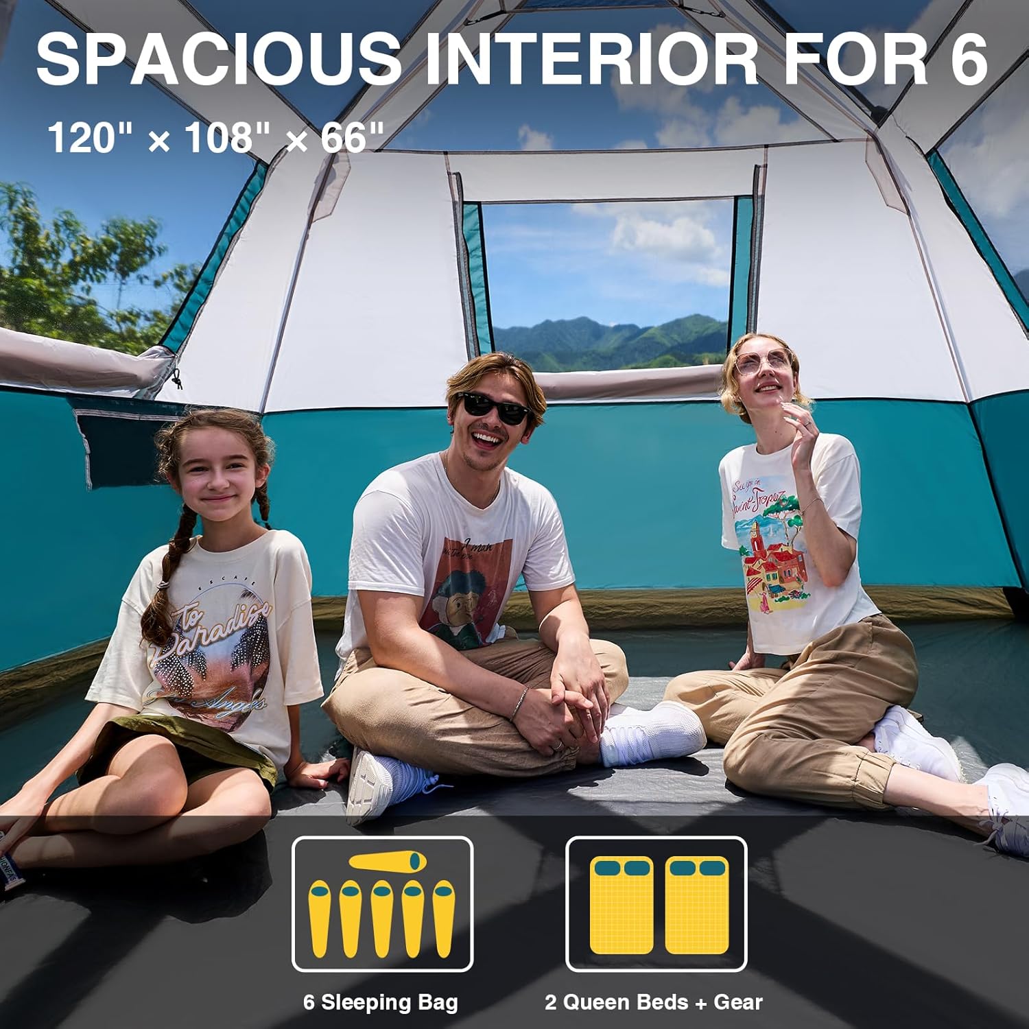 6 Person Instant Camping Tent with Rainfly, 60s Easy Setup Family Cabin Tent 10x9ft, 1200mm Waterproof & Skylight Ventilation, Portable Shelter for Outdoor Camping, Hiking, Backyard