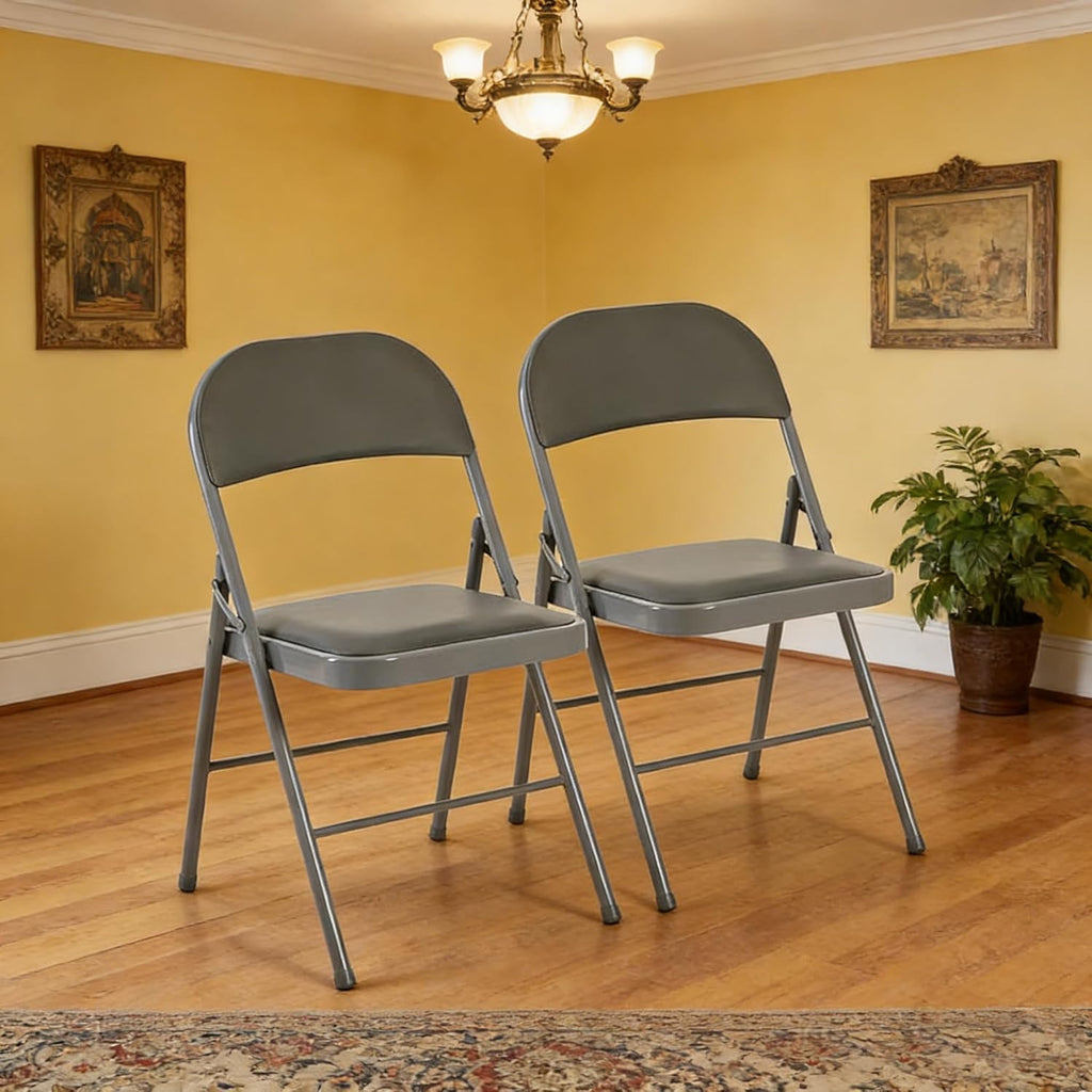 Simple Deluxe 2 Pack Folding Chairs – Padded Leather Seats, Heavy-Duty Metal Frame | Collapsible & Lightweight for Indoor/Outdoor Events, Home, Office, Grey