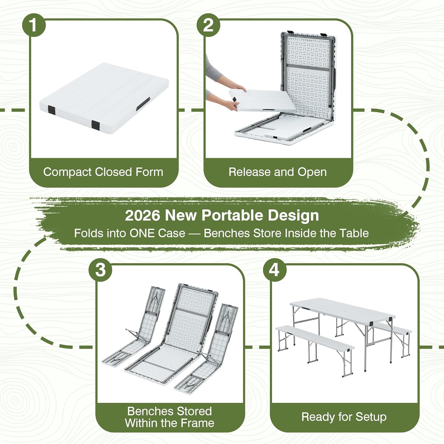 Picnic Table Set with 2 Benches,6 Feet Folding Camping Table Chair Set with Wood Grain Tabletop,3-Piece Outdoor Indoor Portable Folding Furniture for Party, Camping, Picnic, Weddings (White)