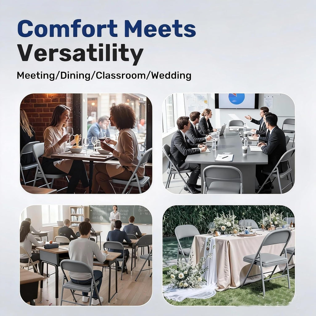 Simple Deluxe 2 Pack Folding Chairs – Padded Leather Seats, Heavy-Duty Metal Frame | Collapsible & Lightweight for Indoor/Outdoor Events, Home, Office, Grey