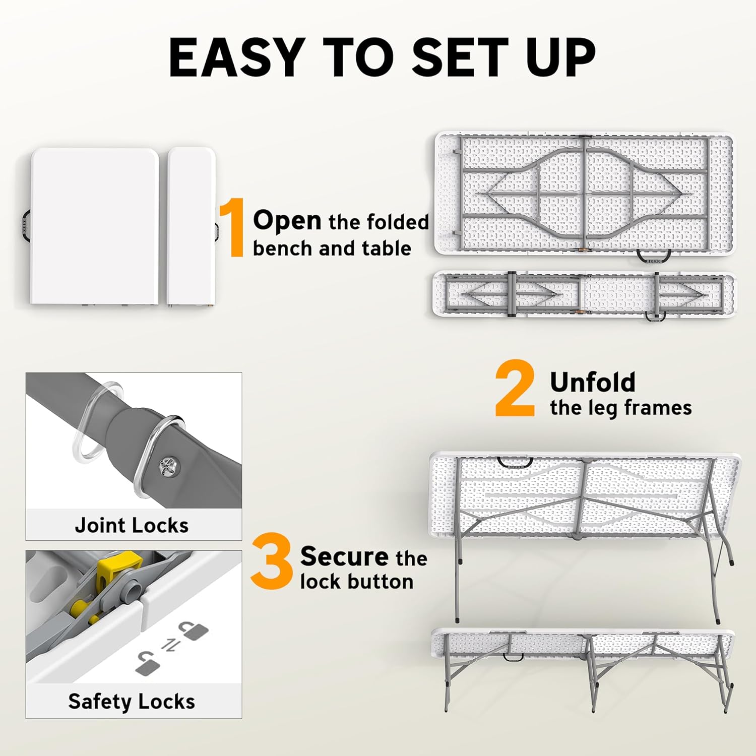 Outsunny 6FT 3-Piece Portable Picnic Table Bench Set, Folding Camping Table and Chairs with Carrying Handles for Indoor Outdoor Use, Camping, BBQ, Party, Event, White