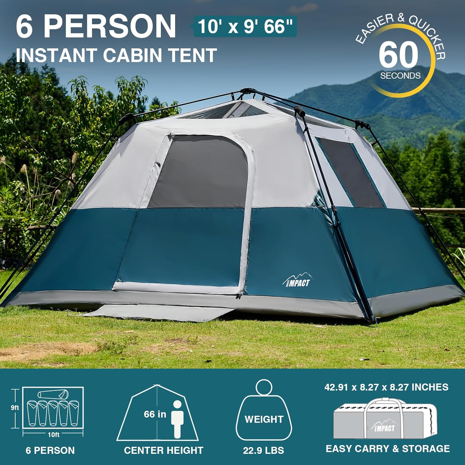 6 Person Instant Camping Tent with Rainfly, 60s Easy Setup Family Cabin Tent 10x9ft, 1200mm Waterproof & Skylight Ventilation, Portable Shelter for Outdoor Camping, Hiking, Backyard