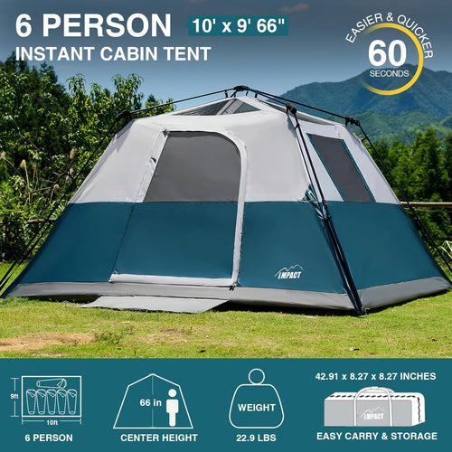 6 Person Instant Camping Tent with Rainfly, 60s Easy Setup Family Cabin Tent 10x9ft, 1200mm Waterproof & Skylight Ventilation, Portable Shelter for Outdoor Camping, Hiking, Backyard