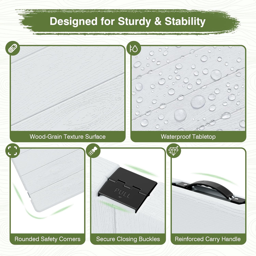 Picnic Table Set with 2 Benches,6 Feet Folding Camping Table Chair Set with Wood Grain Tabletop,3-Piece Outdoor Indoor Portable Folding Furniture for Party, Camping, Picnic, Weddings (White)