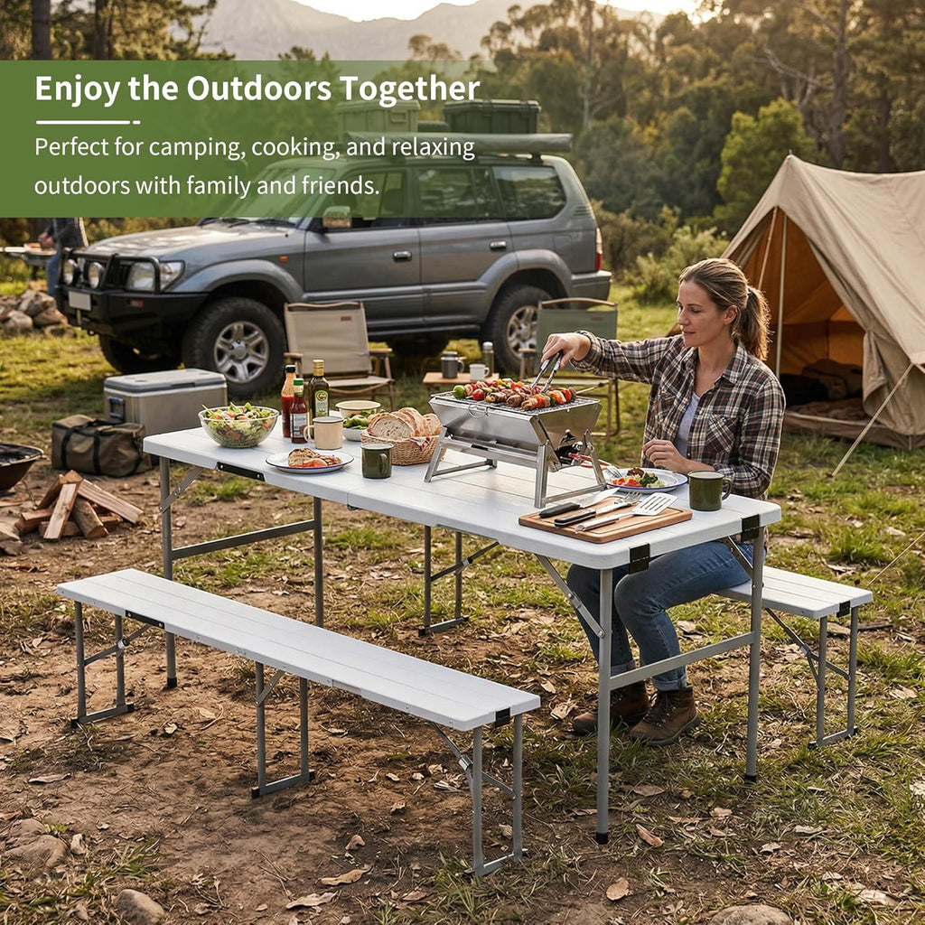 Picnic Table Set with 2 Benches,6 Feet Folding Camping Table Chair Set with Wood Grain Tabletop,3-Piece Outdoor Indoor Portable Folding Furniture for Party, Camping, Picnic, Weddings (White)