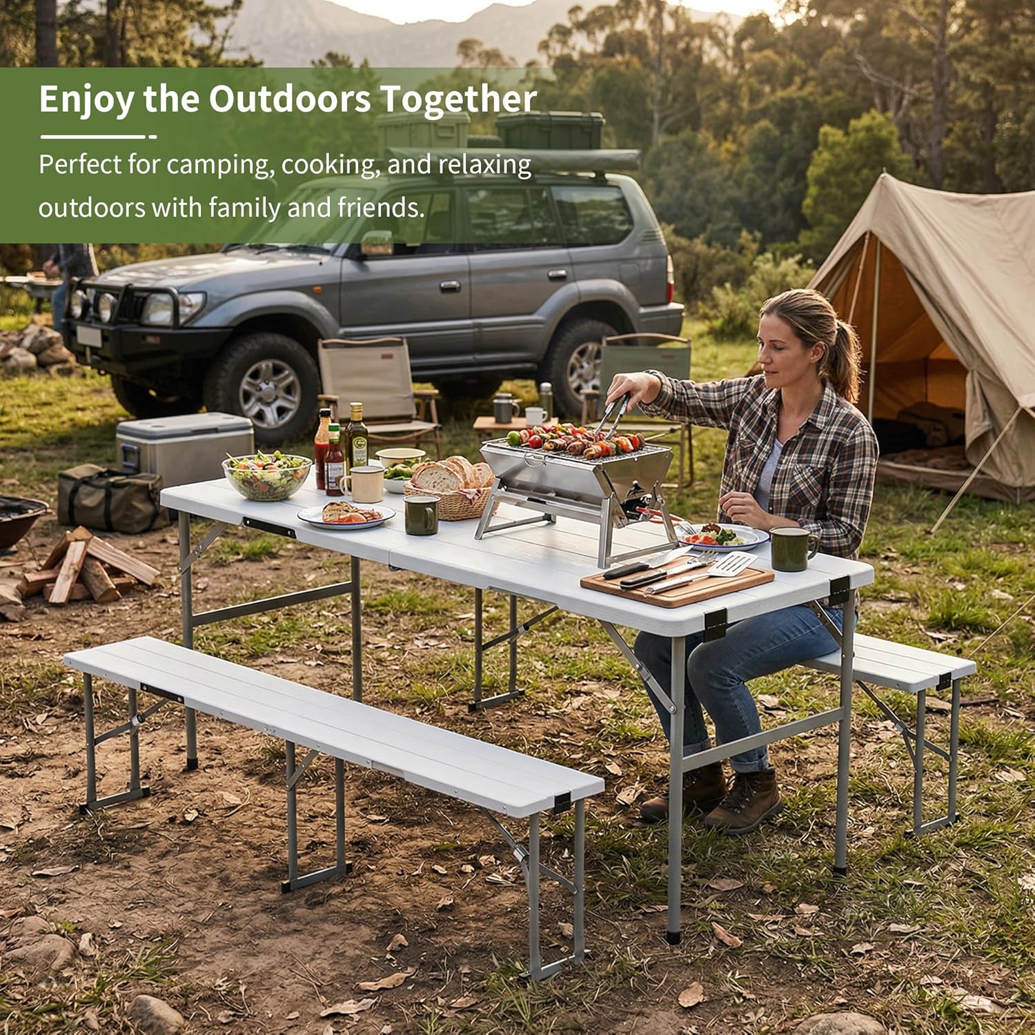 Picnic Table Set with 2 Benches,6 Feet Folding Camping Table Chair Set with Wood Grain Tabletop,3-Piece Outdoor Indoor Portable Folding Furniture for Party, Camping, Picnic, Weddings (White)