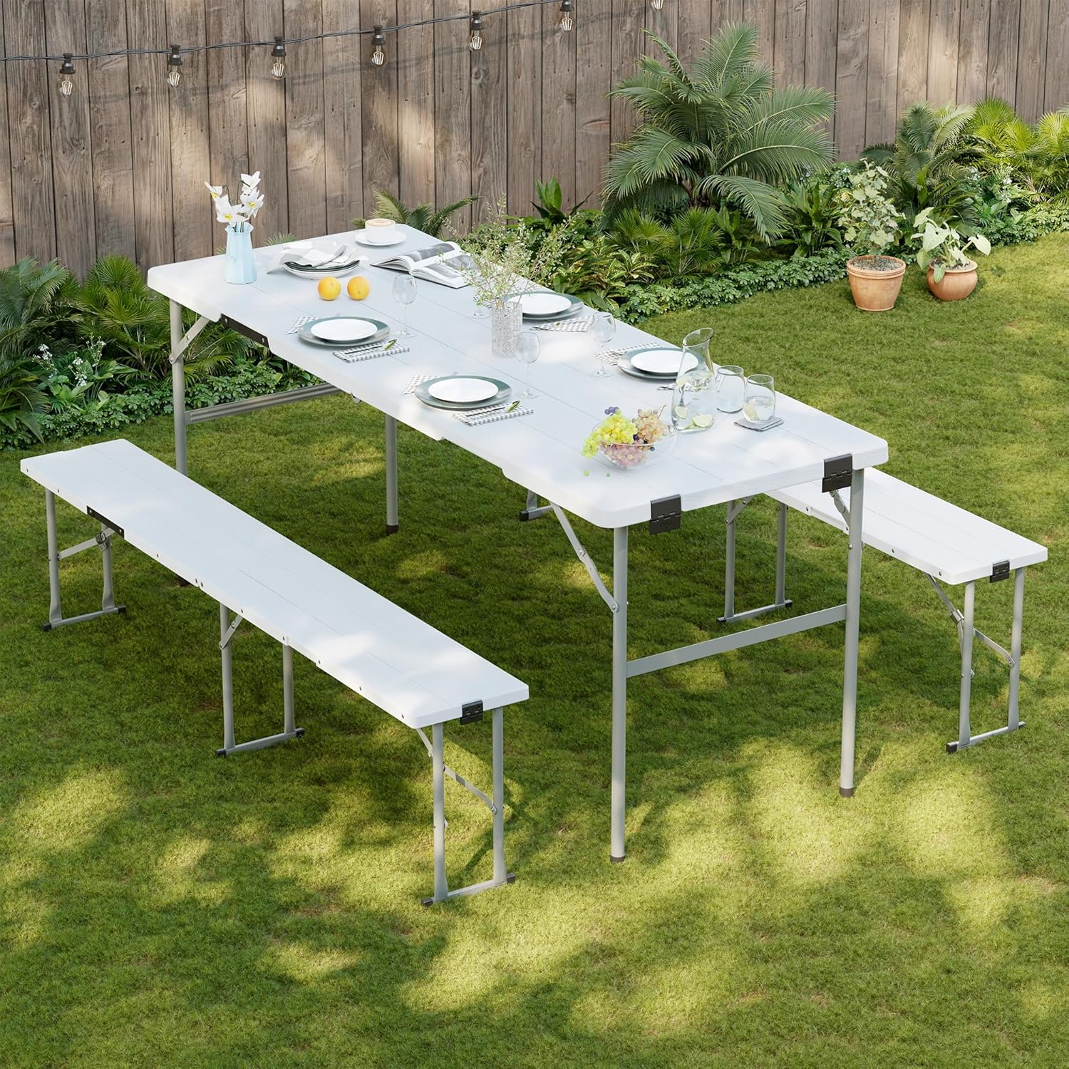 Picnic Table Set with 2 Benches,6 Feet Folding Camping Table Chair Set with Wood Grain Tabletop,3-Piece Outdoor Indoor Portable Folding Furniture for Party, Camping, Picnic, Weddings (White)